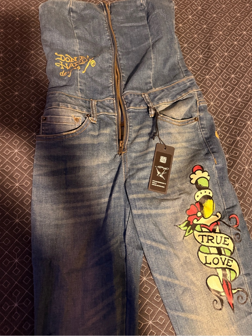 Ed Hardy Blue Denim Men's Jeans with Colorful 'True Love' Embroidery